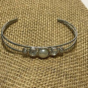 silver tone cuff bracelet rhinestone faux pearl  dainty elegant Wedding